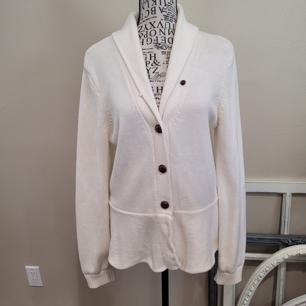 American Living Womens SZ Lg. Cream CARDIGAN w/peplum